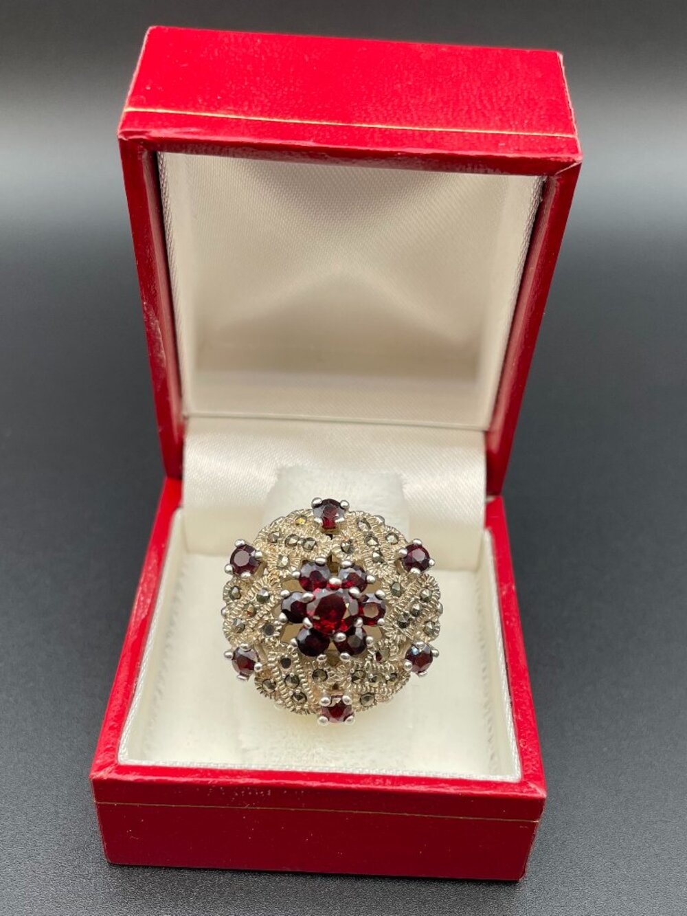 Vintage Art Deco Sterling Silver Ring with Garnets and Marcasite